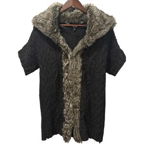 Apt 9 Charcoal Gray Short Sleeve Long Cardigan Faux Fur Trim Size Large Y2K